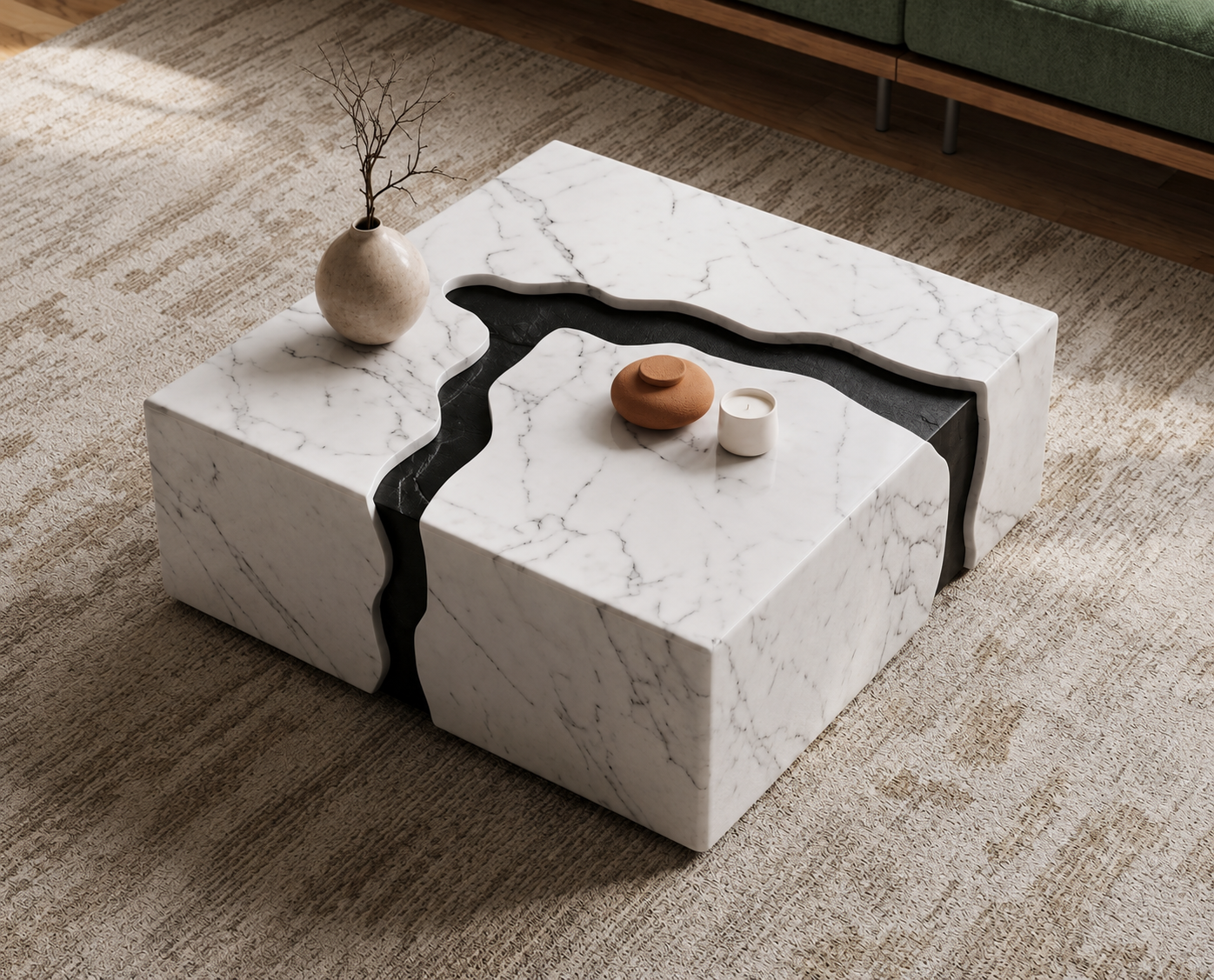 Marblonc sculptural coffee table styled in a refined modern living room