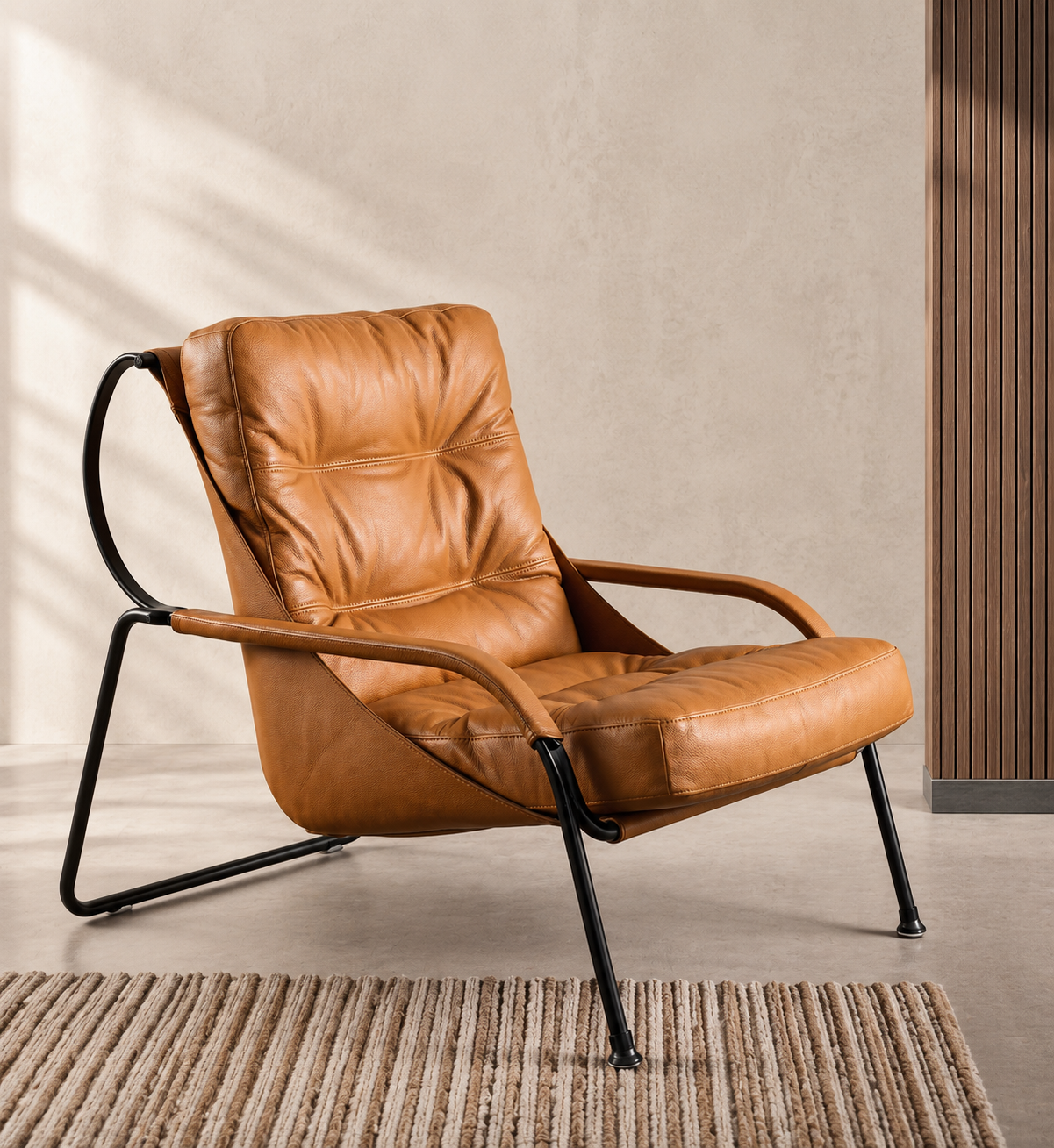 Marrakesh cognac sling lounge chair styled in a warm modern interior