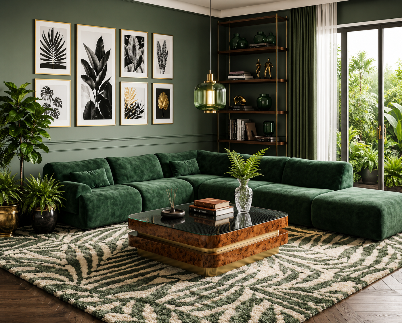 Mosslow green modular sectional sofa styled in a botanical modern living room