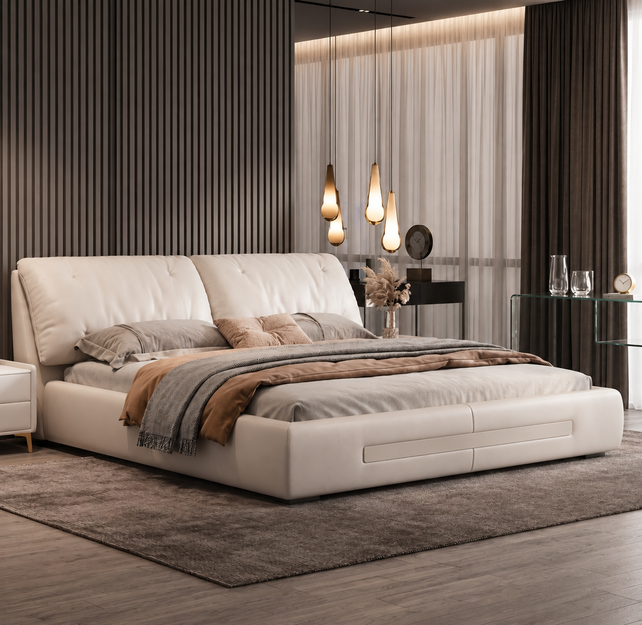 Pura pillow-panel upholstered bed styled in a refined modern bedroom