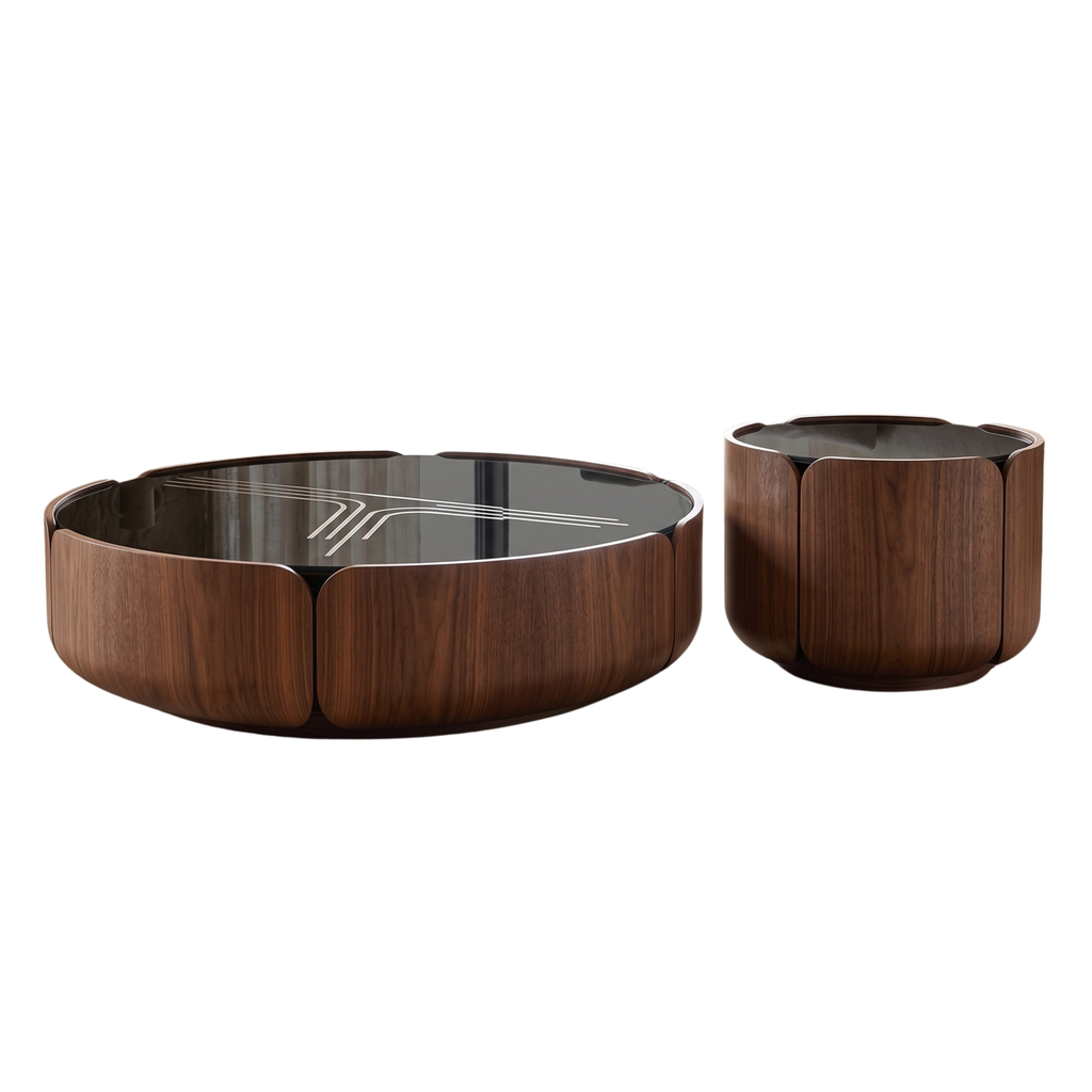 Front view of the Nestora round walnut coffee table with marble-effect surface