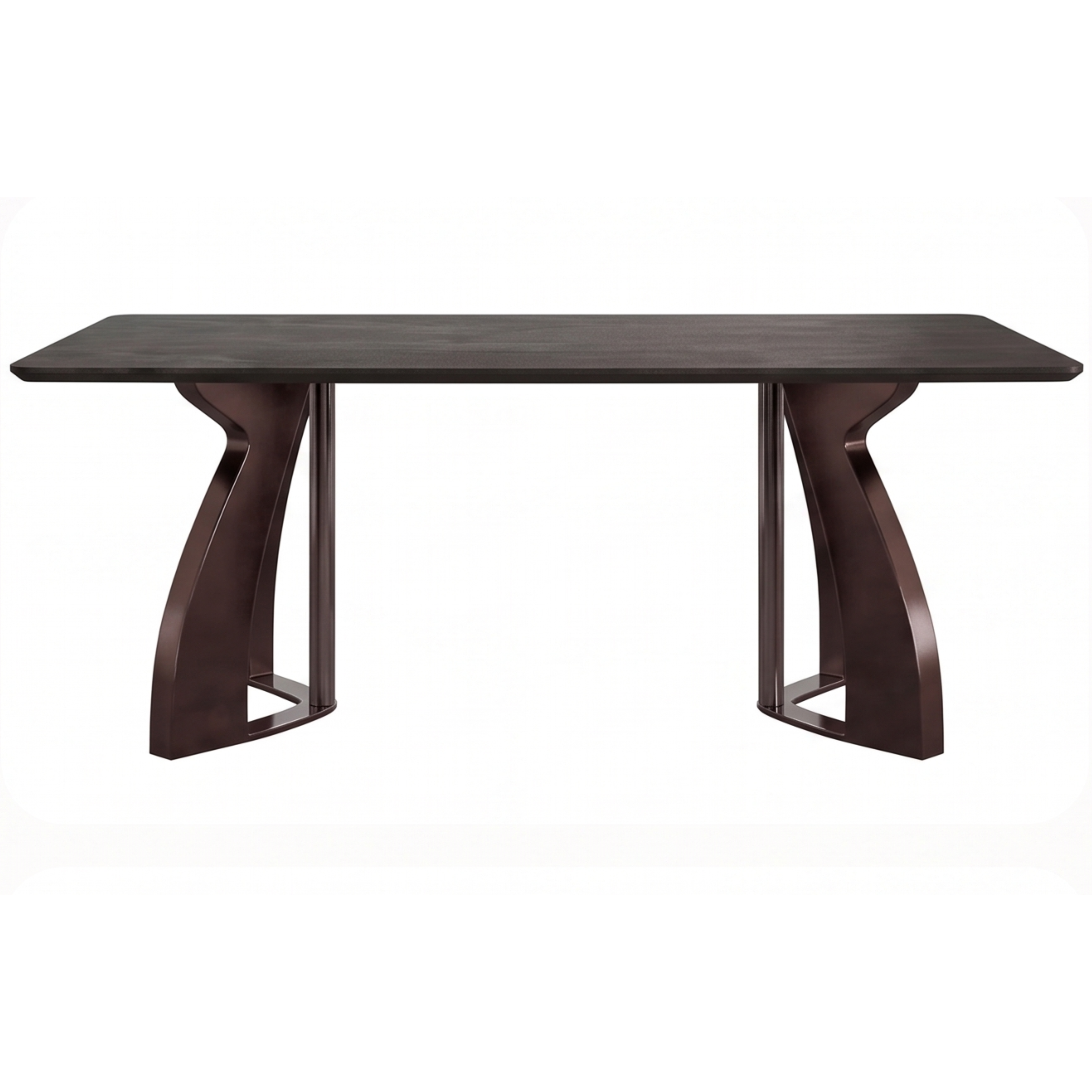 Front view of the Anglorra rectangular dining table with sculptural angled legs