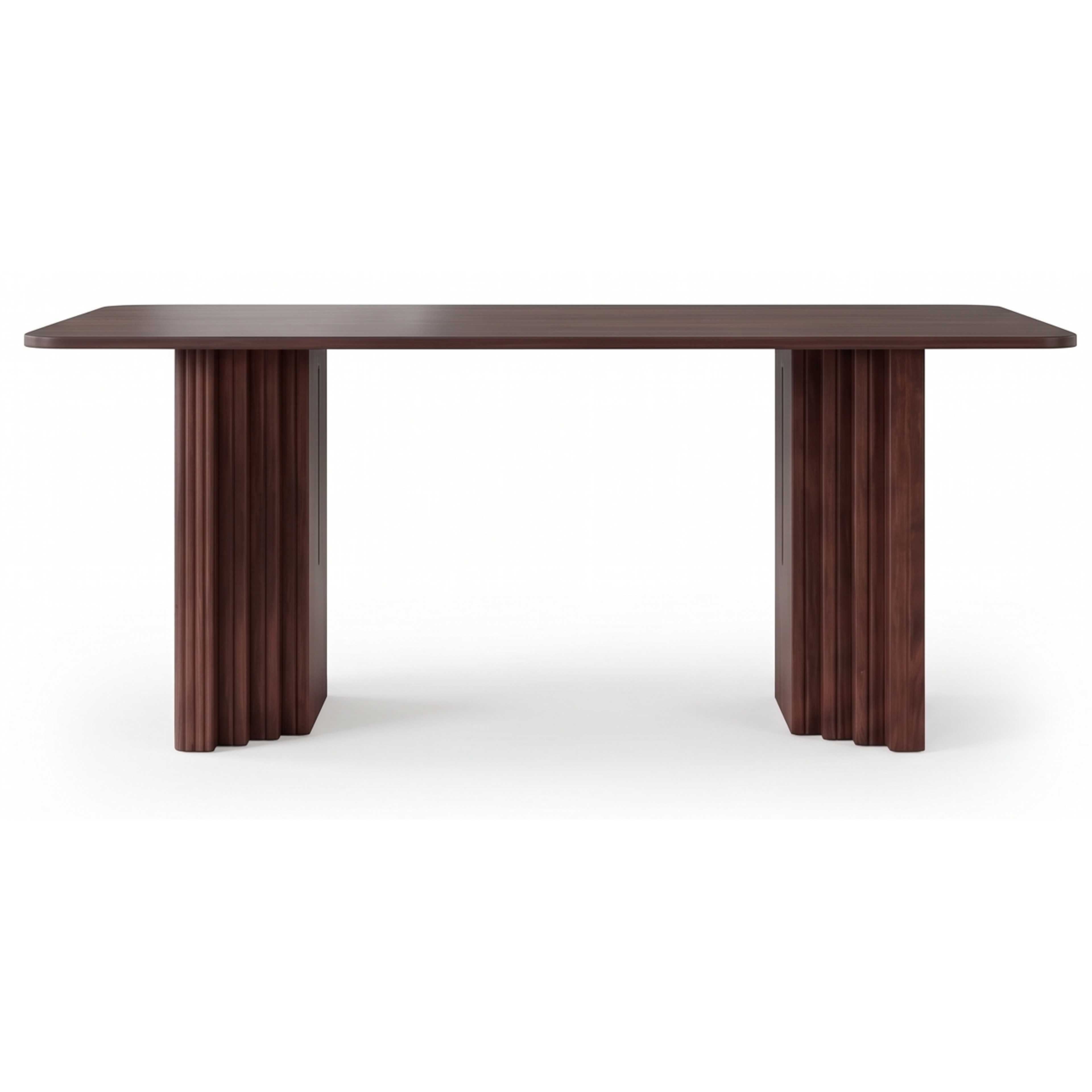 Front view of the Arcwood rectangular dining table with curved wood base