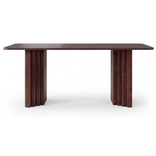 Front view of the Arcwood rectangular dining table with curved wood base