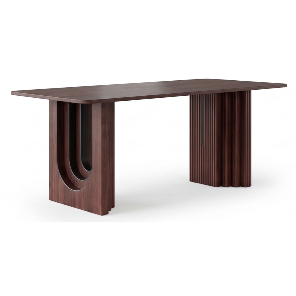 Angled view of the Arcwood dining table with layered arch pedestals