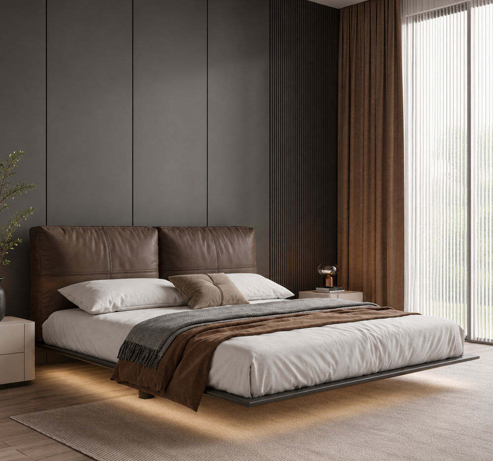 Ashborne floating platform bed styled in a refined modern bedroom