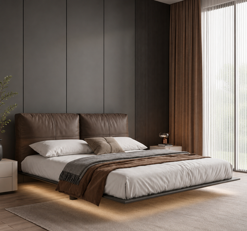 Ashborne floating platform bed styled in a refined modern bedroom