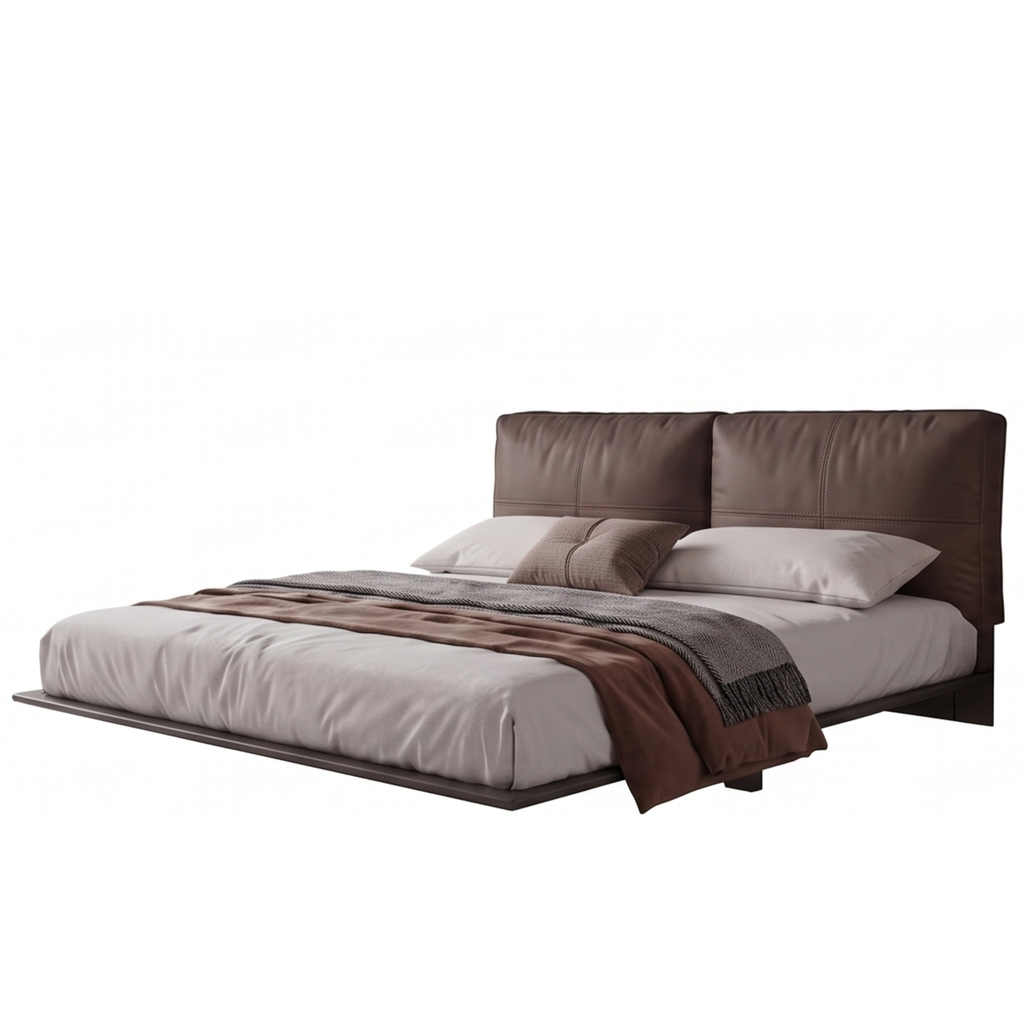 Left view of the Ashborne low-profile bed with cushioned headboard
