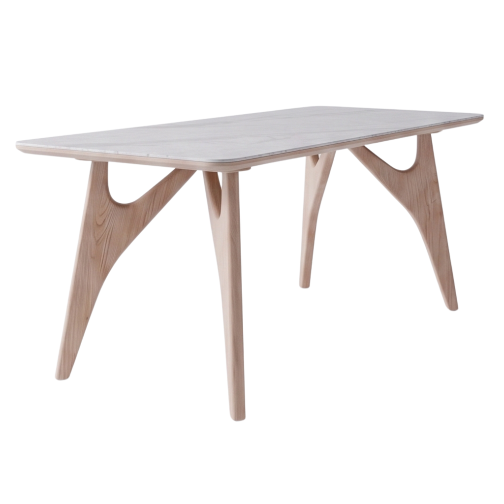 Angled view of the Clairwood stone dining table and sculptural wood base