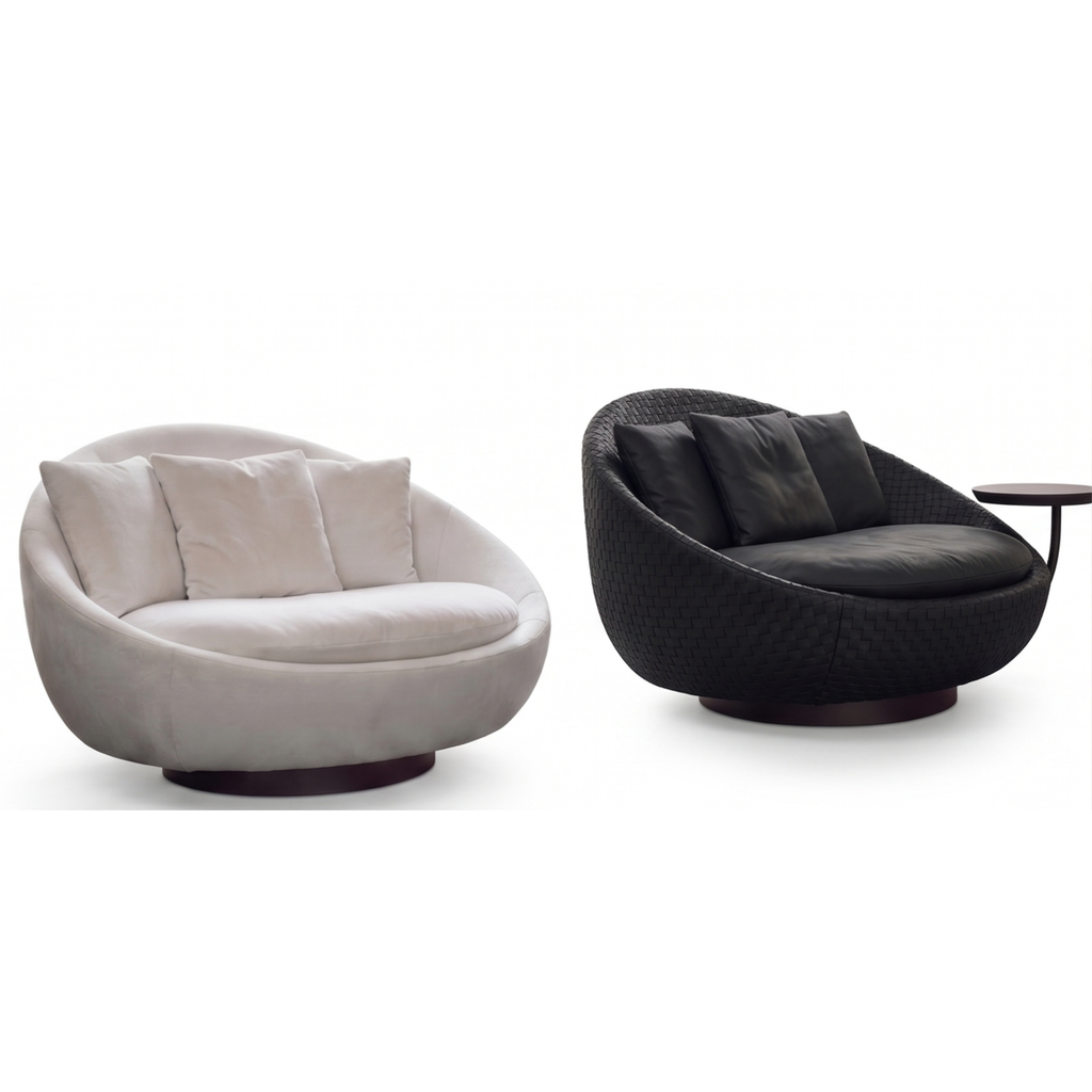 Upholstered cushions and curved outer frame detail of the Concha chair