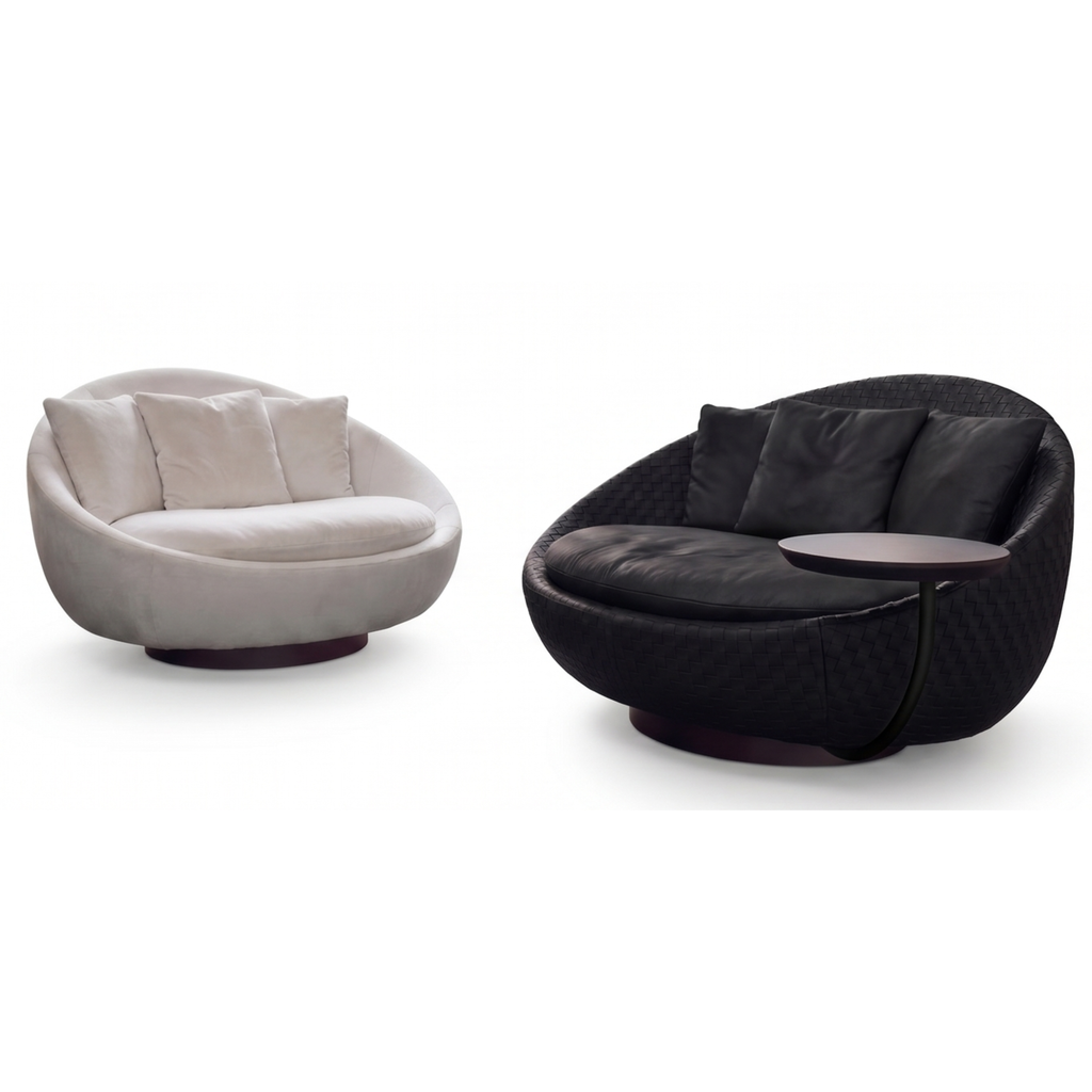 Right view of the Concha rounded lounge chair with cocooning frame