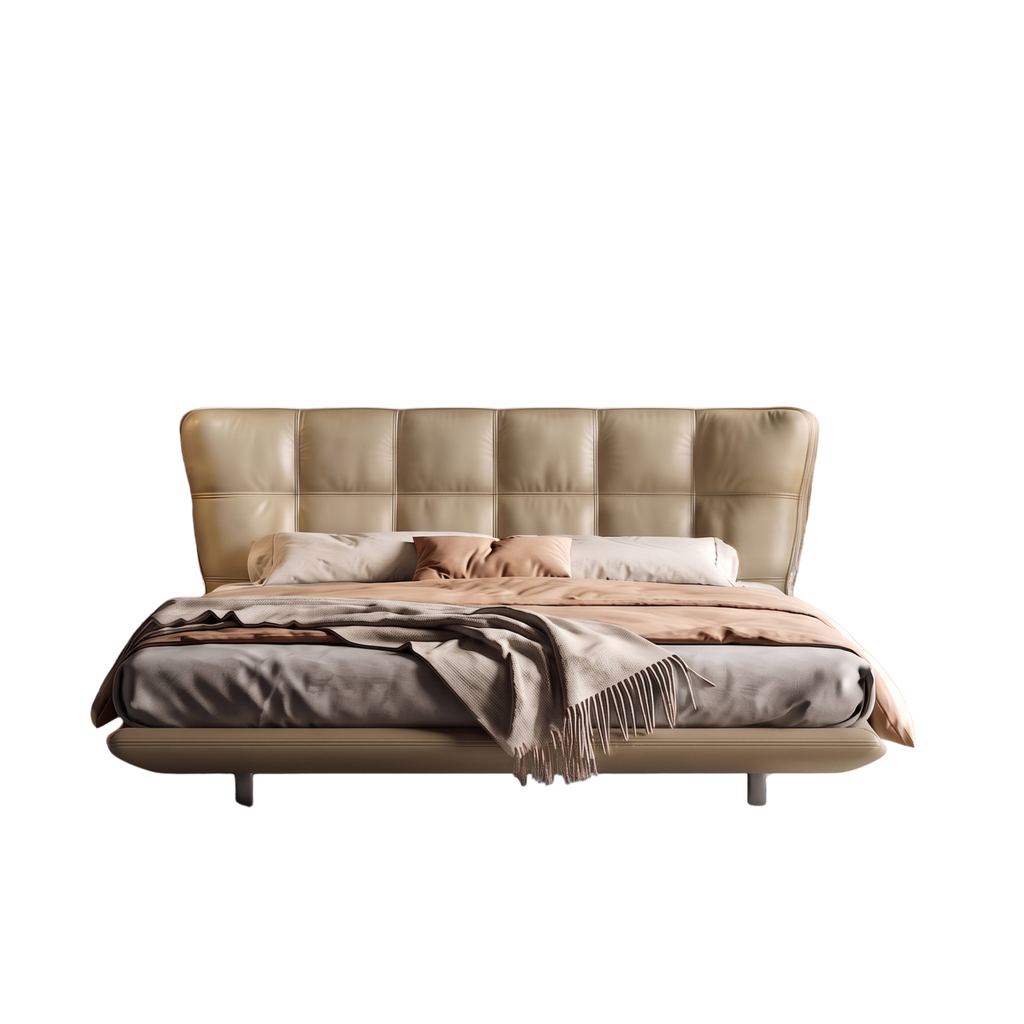 Front view of the Crema upholstered bed with softly tufted headboard