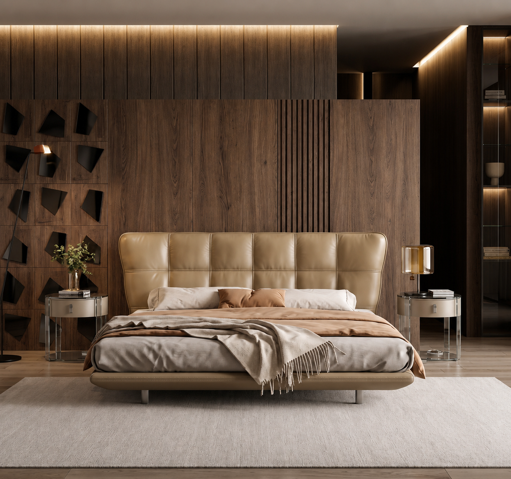 Crema wingback upholstered bed styled in a refined modern bedroom