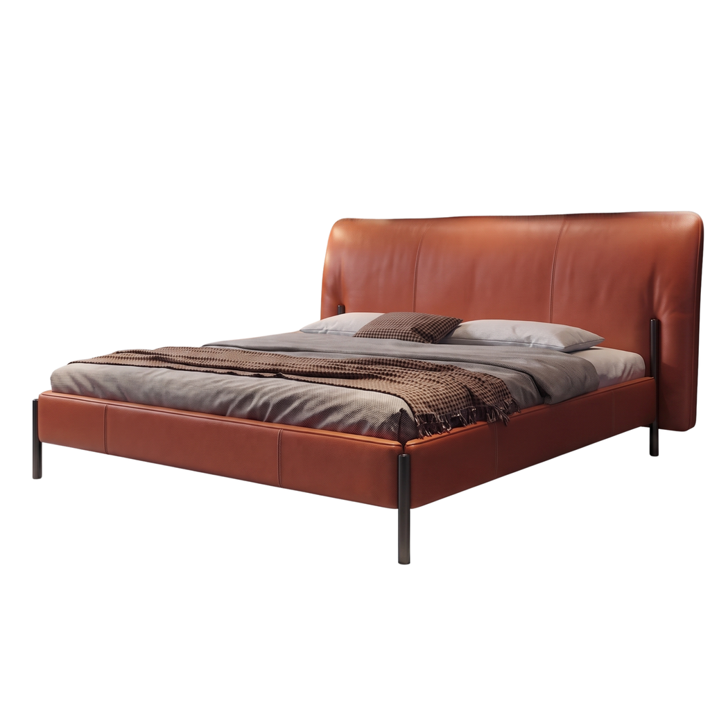Left view of the Ember curved wingback bed with metal legs