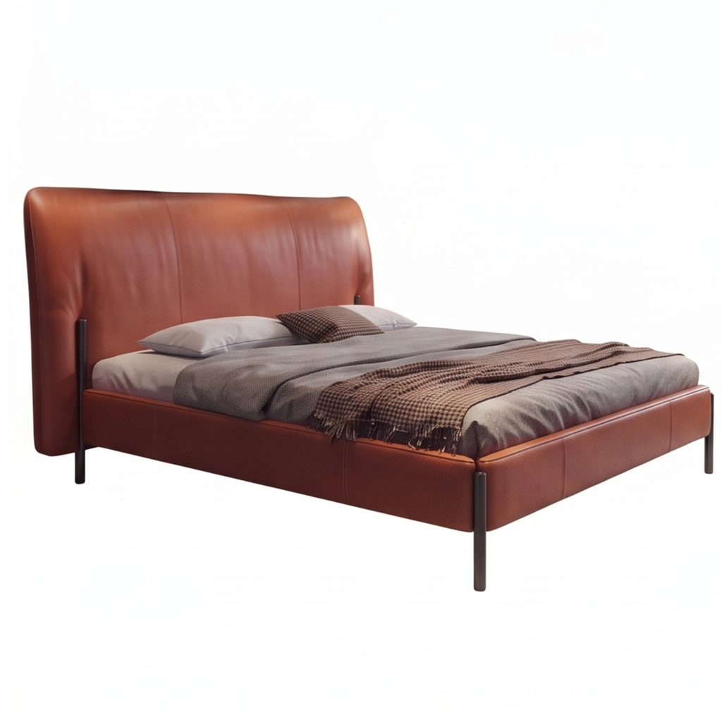 Right view of the Ember curved wingback bed with metal legs