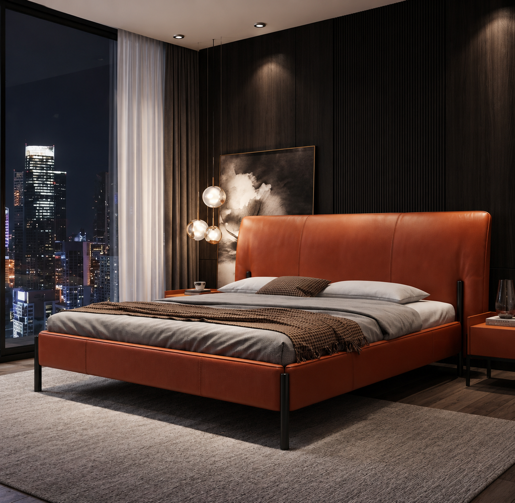 Ember curved wingback upholstered bed styled in a dramatic modern bedroom