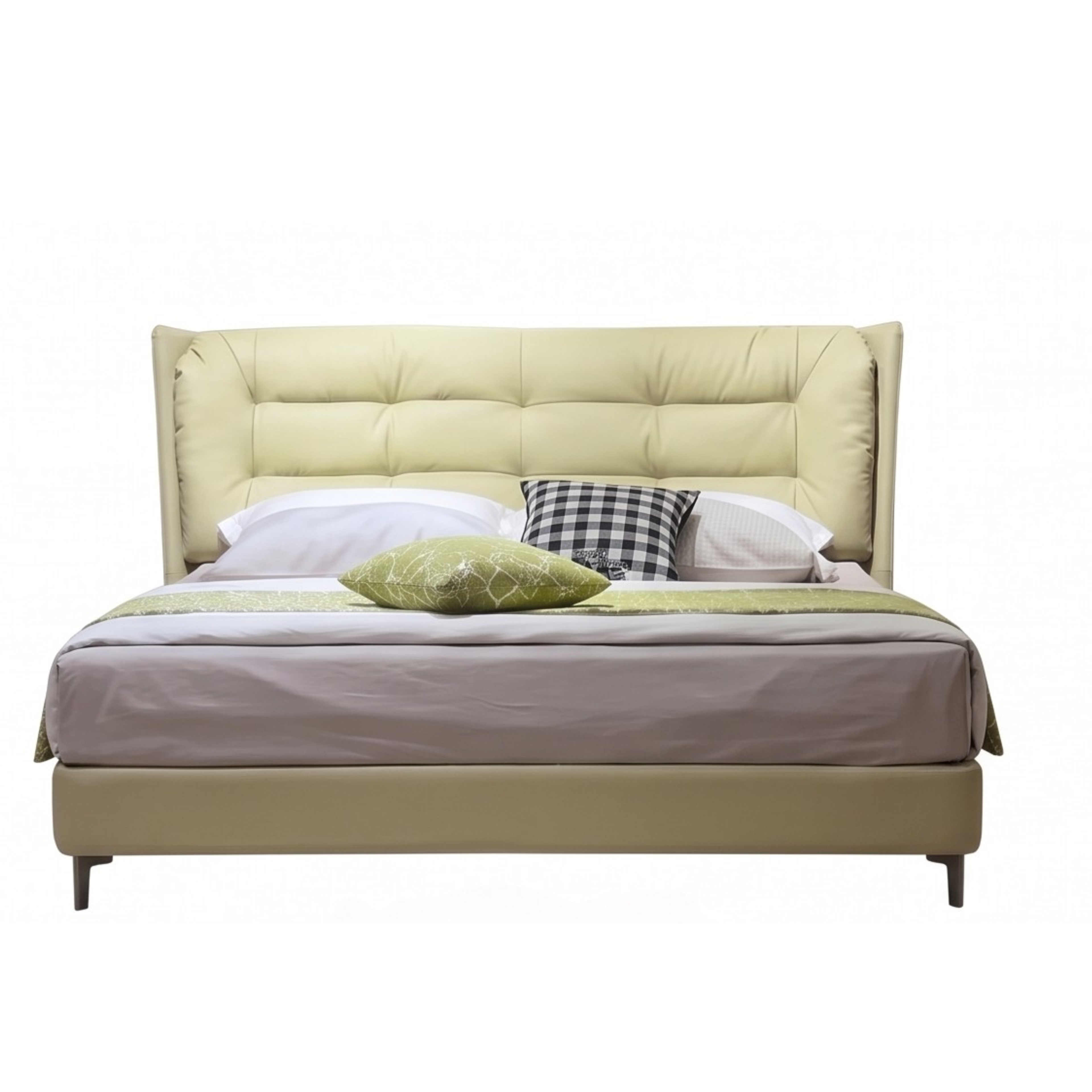 Front view of the Fernwing bed with padded wingback headboard