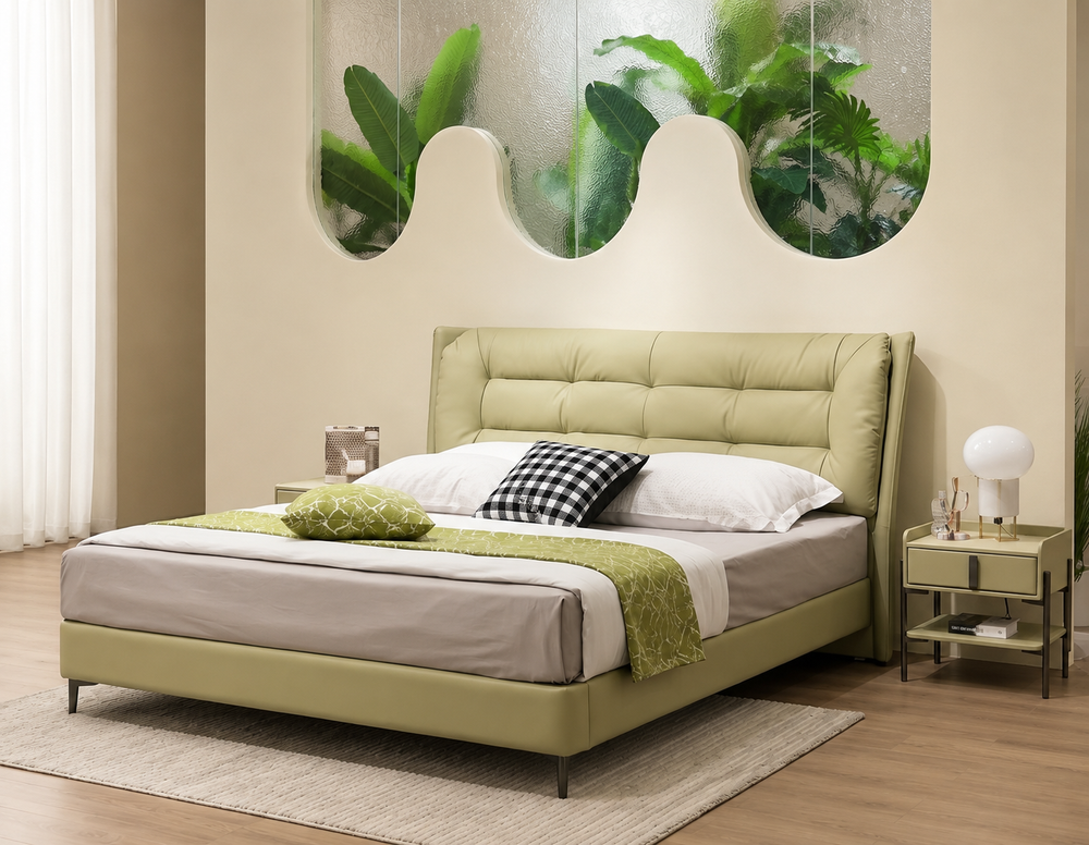 Fernwing green wingback bed styled in a calm modern bedroom