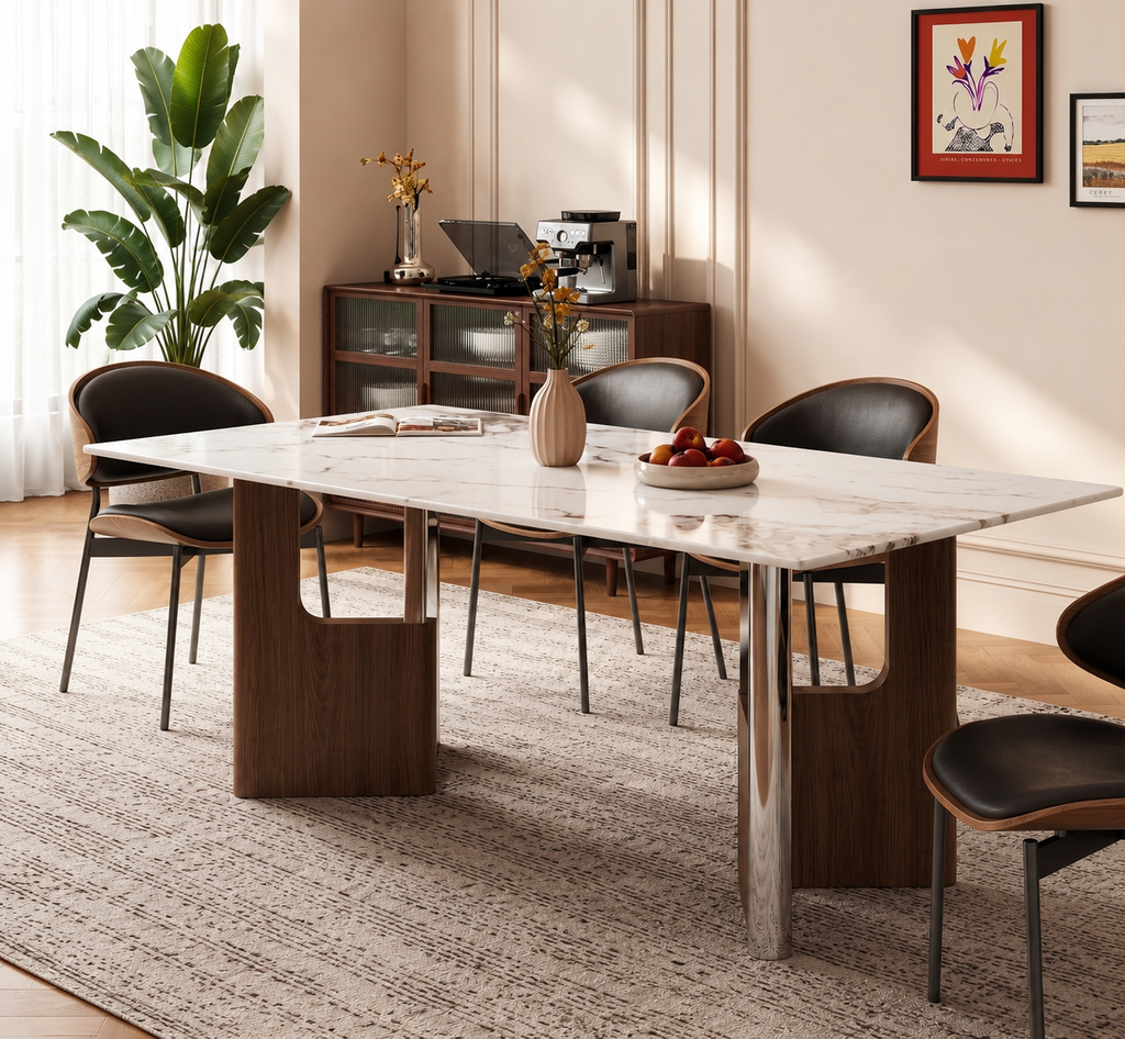 Finestra framed-pedestal dining table styled in a refined modern dining room