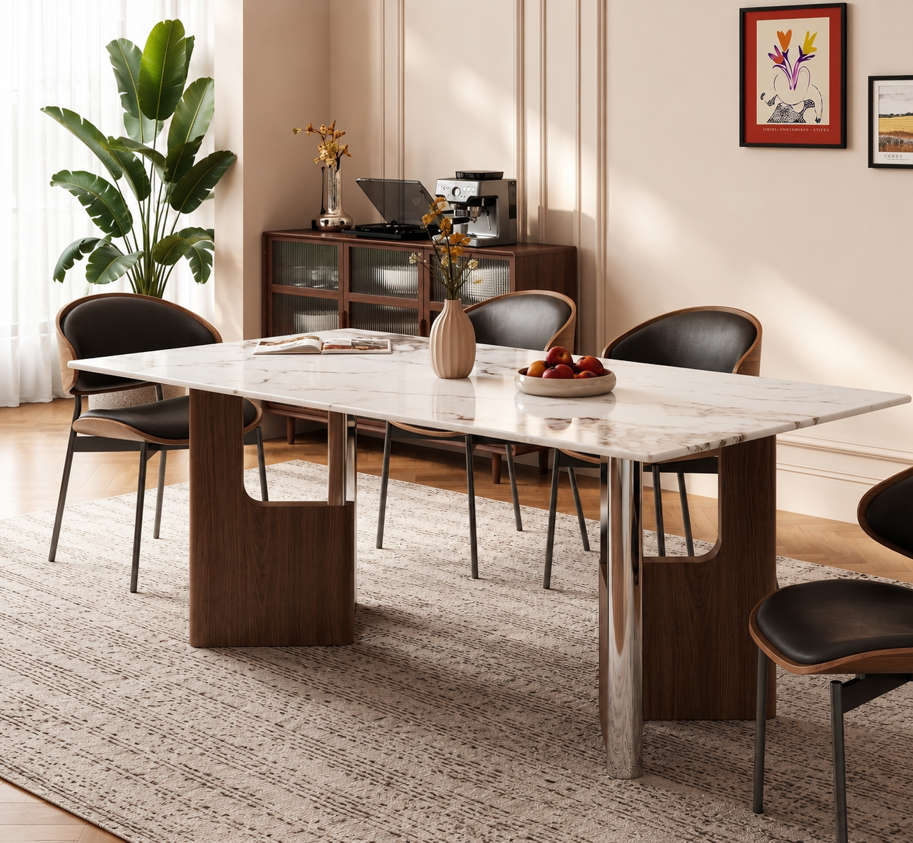 Finestra framed-pedestal dining table styled in a refined modern dining room