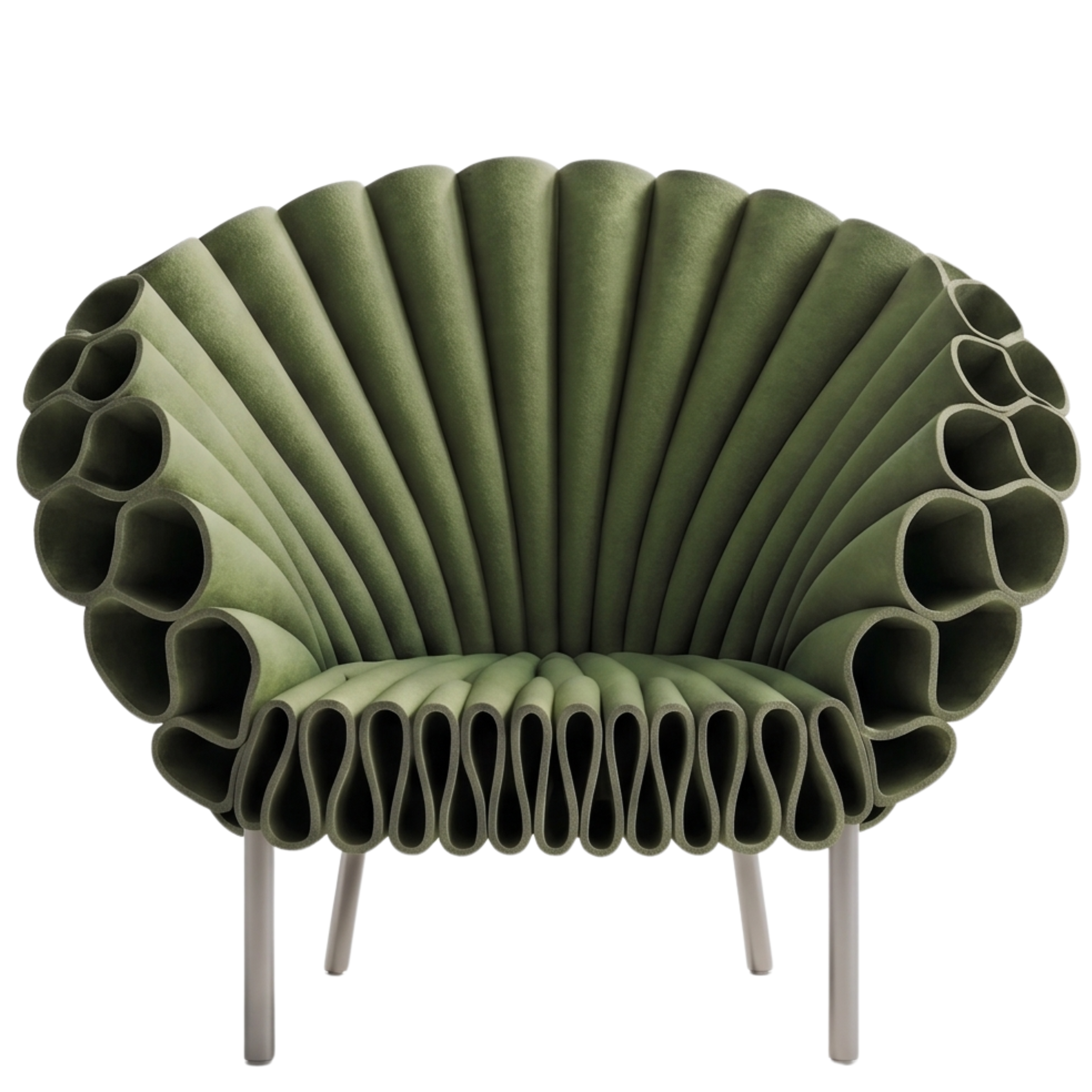 Front view of the Floraverde chair with sculptural petal-shaped backrest