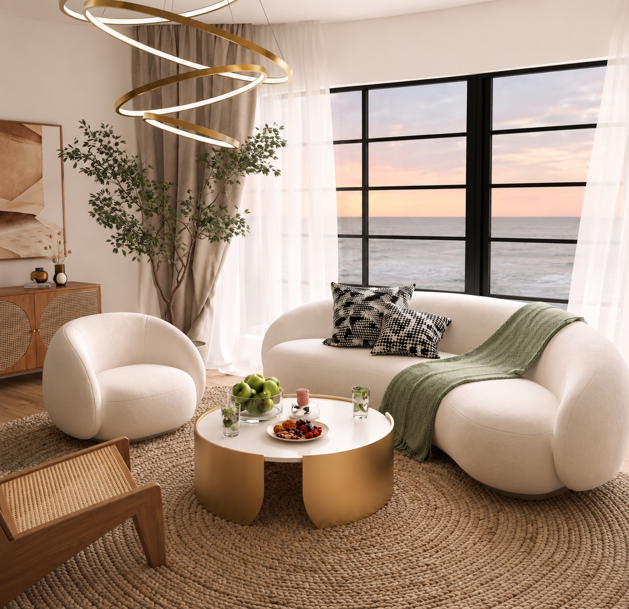 Flufra ivory curved sofa styled in a refined modern living room