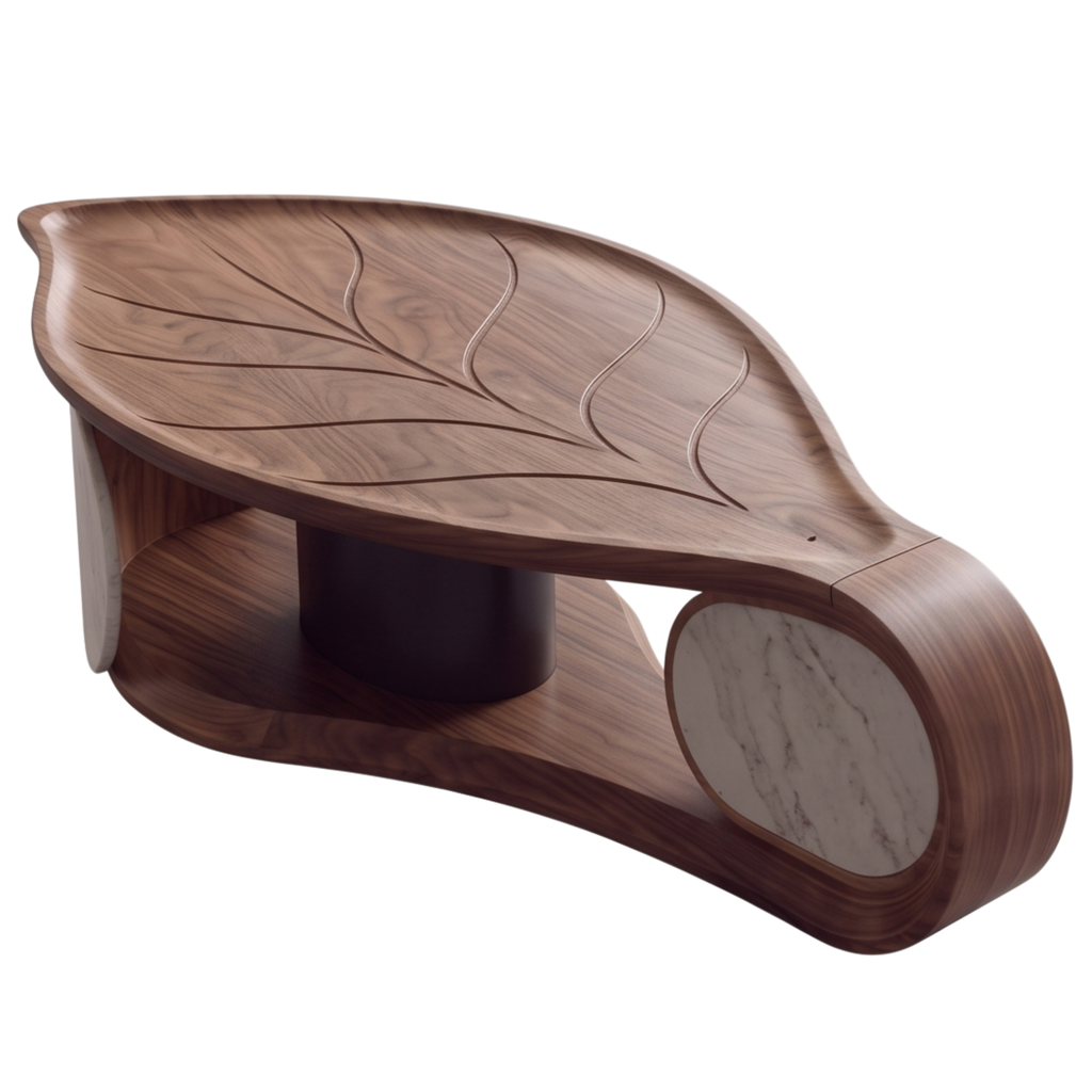 Angled view of the Foliara leaf-inspired coffee table and stone surface