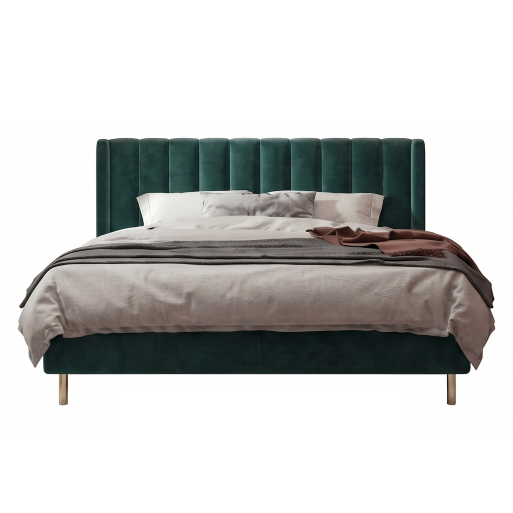 Front view of the Forestgild bed with tall green channelled headboard