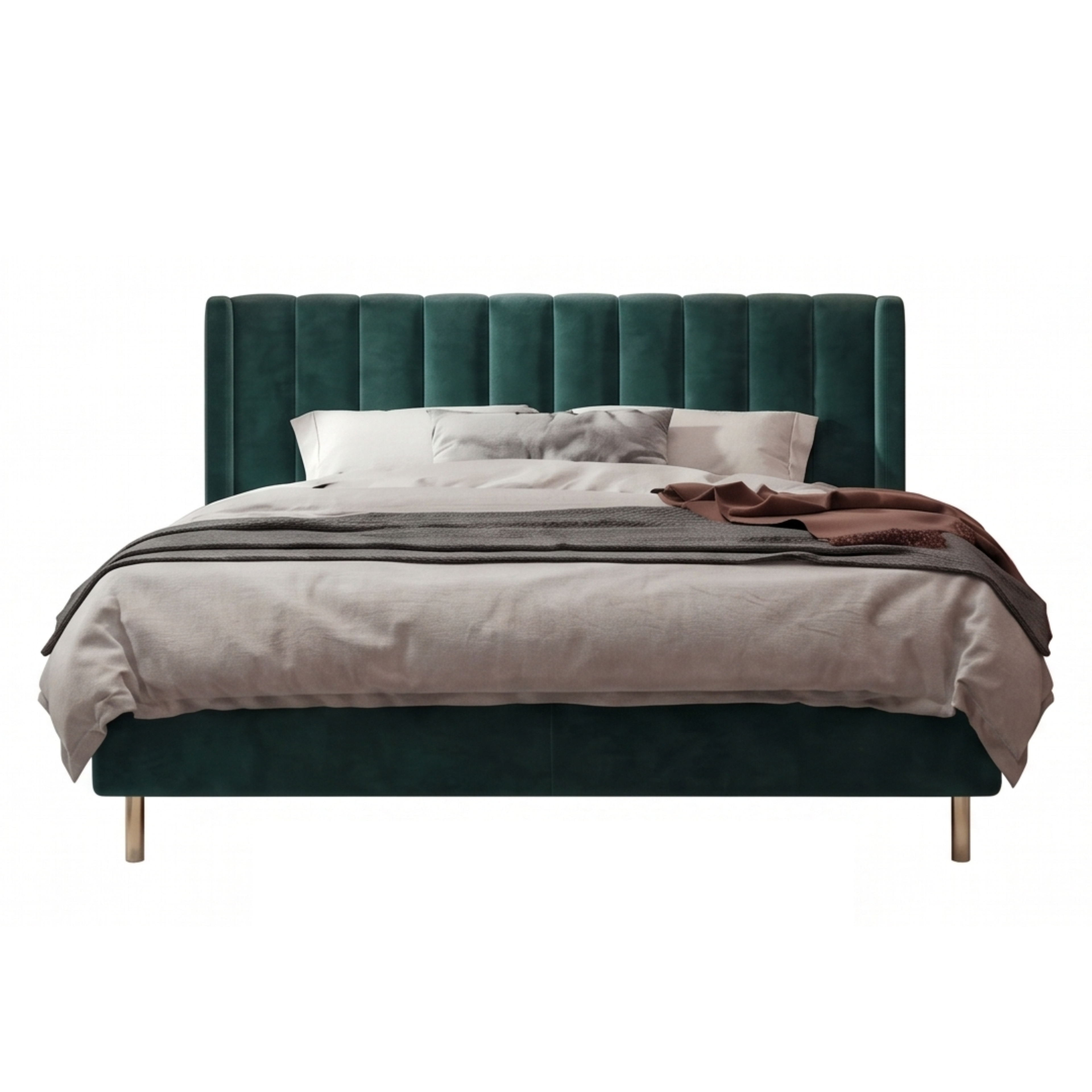 Front view of the Forestgild bed with tall green channelled headboard