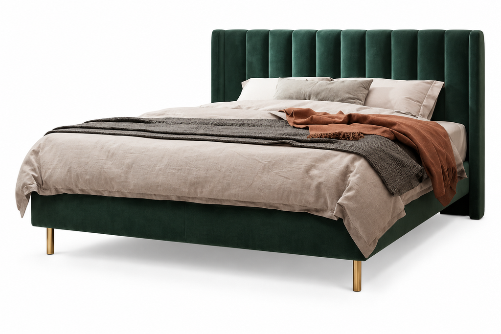 Left view of the Forestgild upholstered bed with gold-toned legs