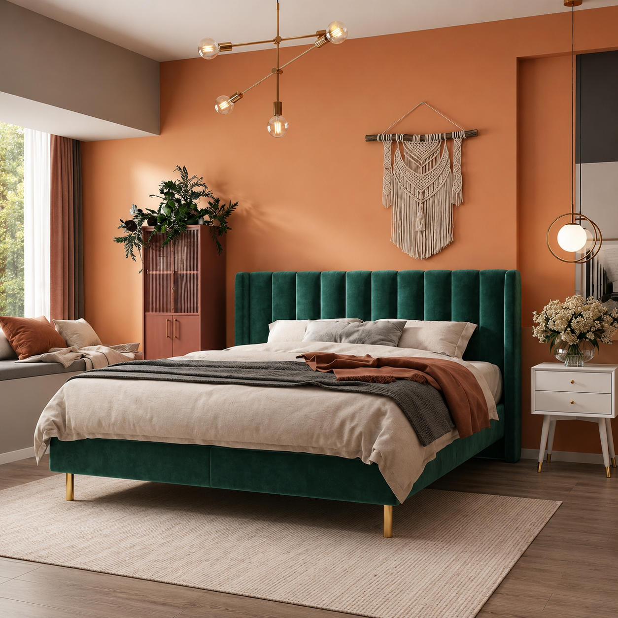 Forestgild green upholstered bed styled in a warm contemporary bedroom