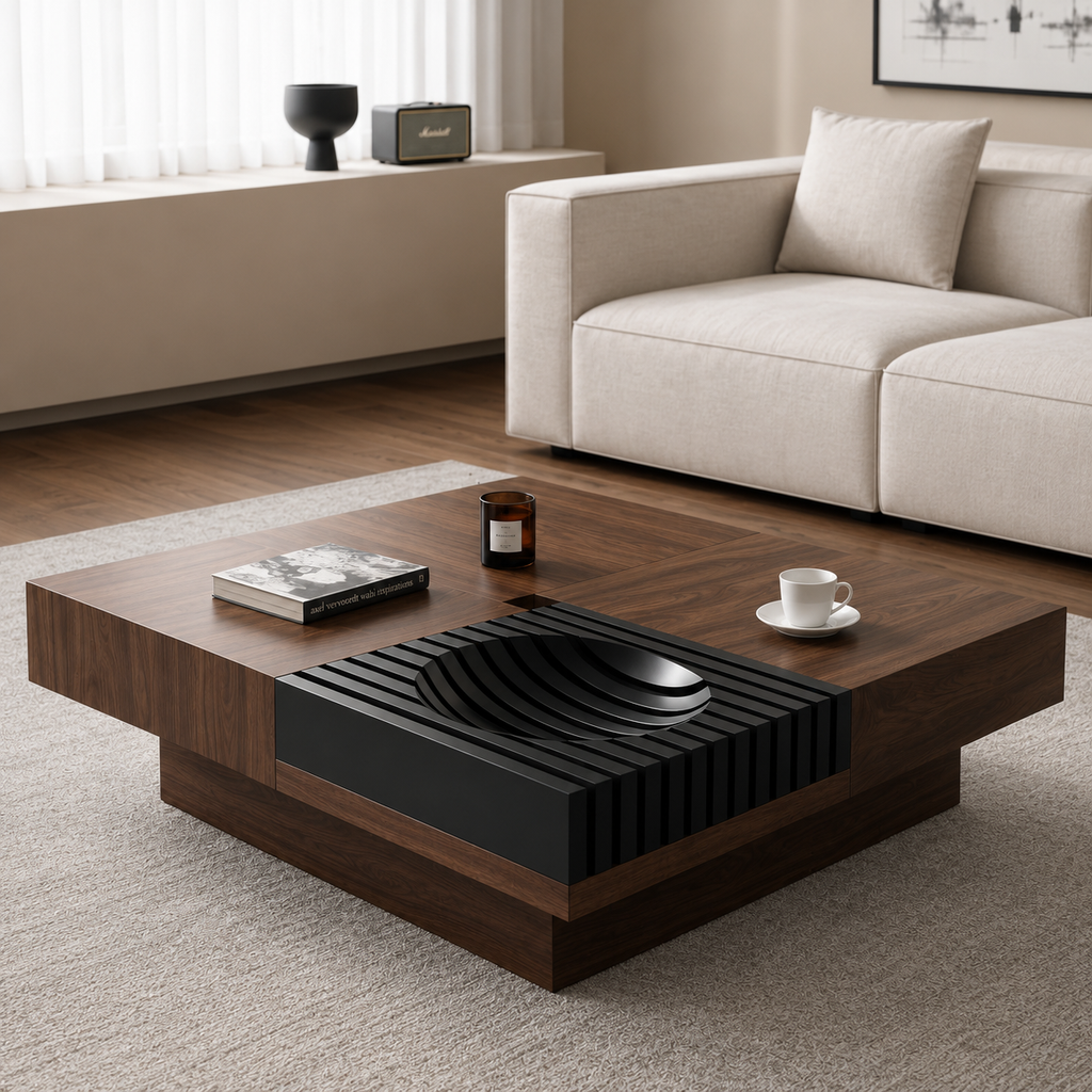 Gridwell layered walnut coffee table styled in a modern living room