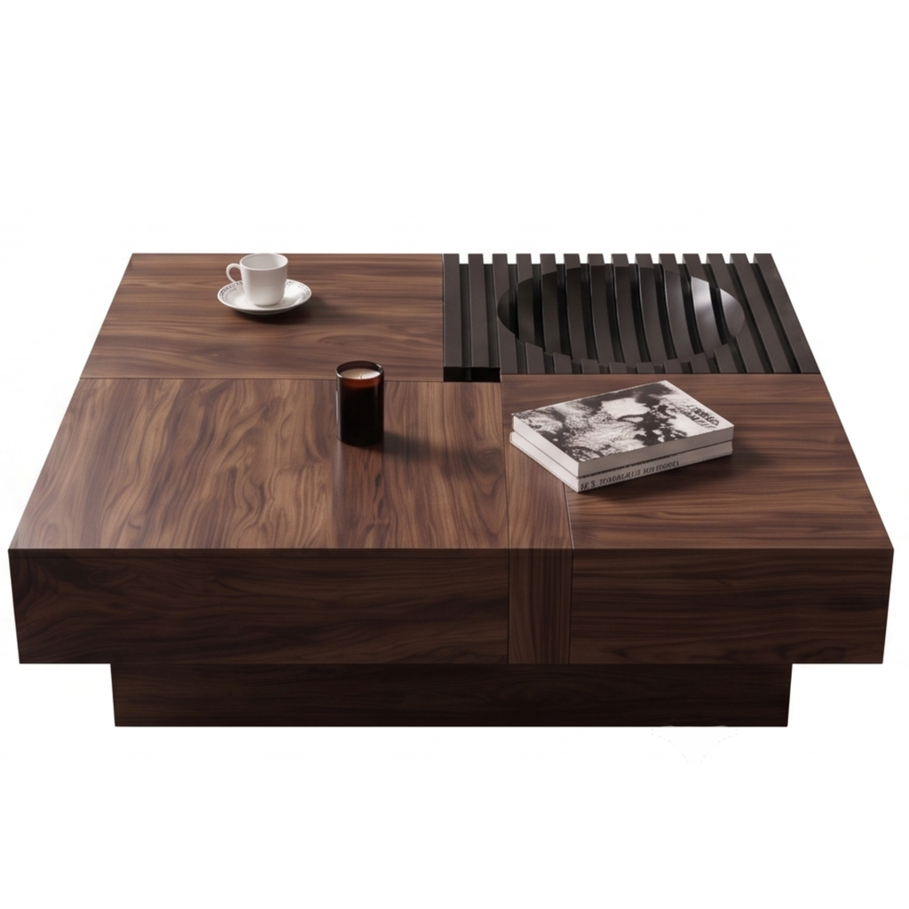 Back view of the Gridwell square walnut coffee table