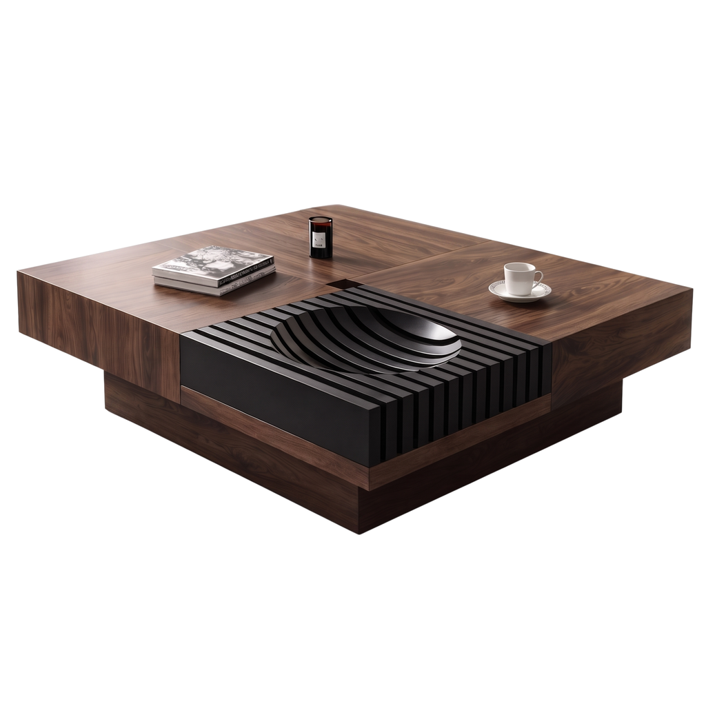 Front view of the Gridwell square walnut coffee table