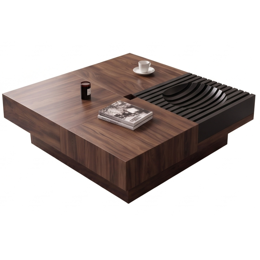 Side view of the Gridwell square walnut coffee table