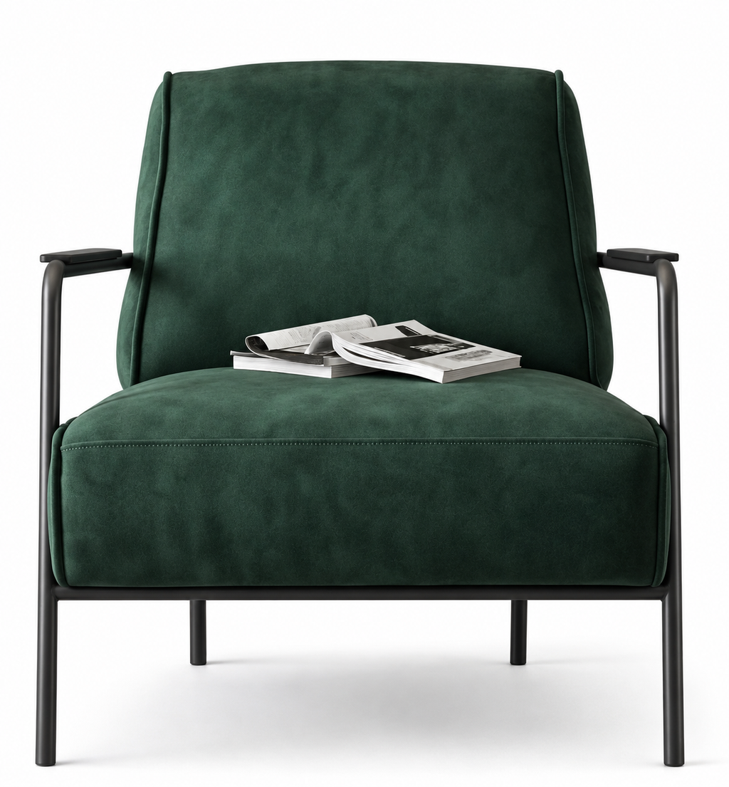 Front angled view of the Huntley forest green lounge chair with metal arms