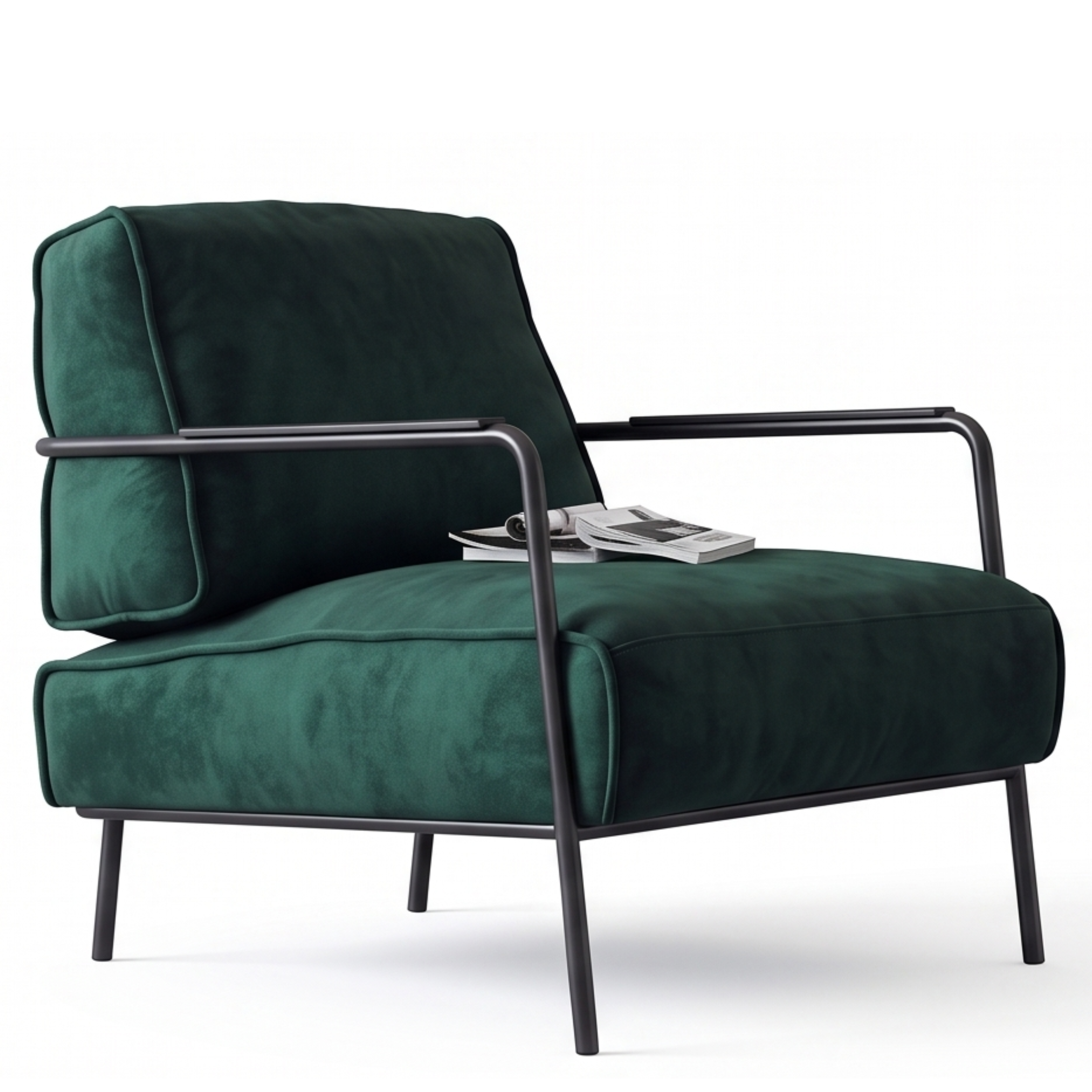 Front angled view of the Huntley forest green lounge chair with metal arms