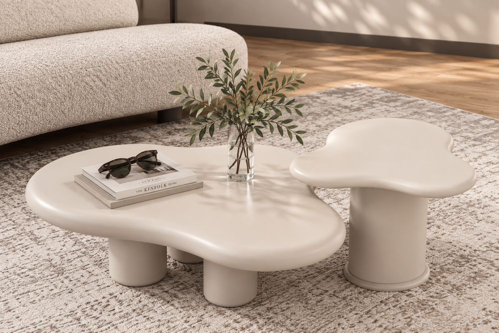 Ivorstone pebble coffee table set styled in a calm modern living room