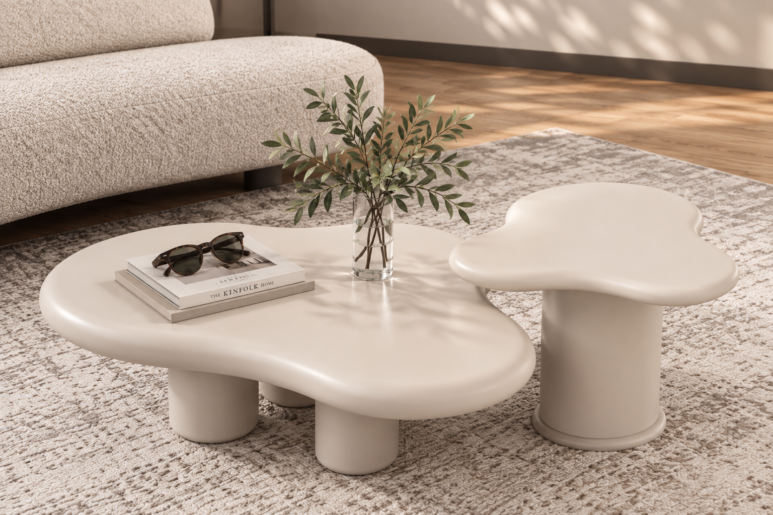 Ivorstone pebble coffee table set styled in a calm modern living room