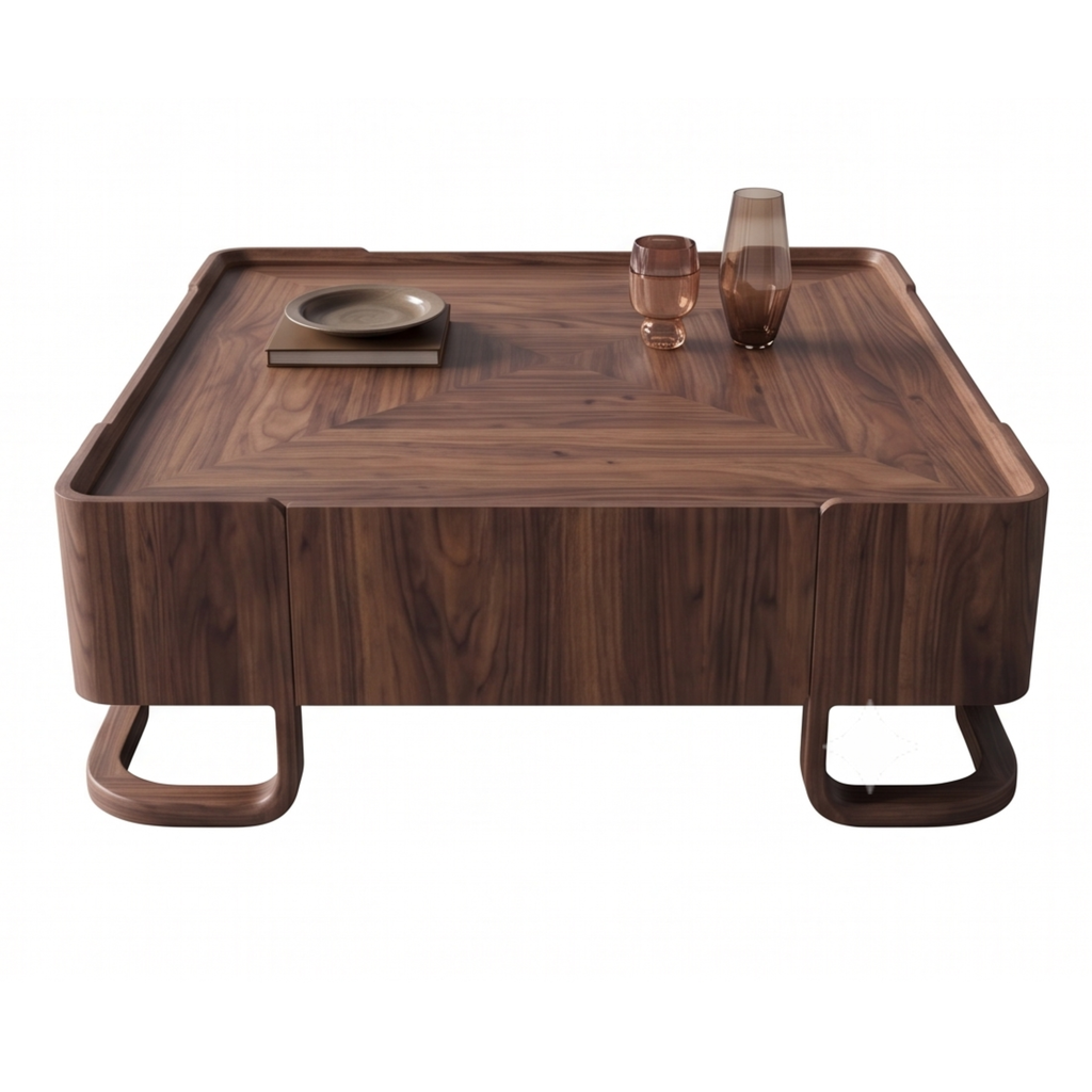 Back view of the Keepwood walnut coffee table with closed storage drawers
