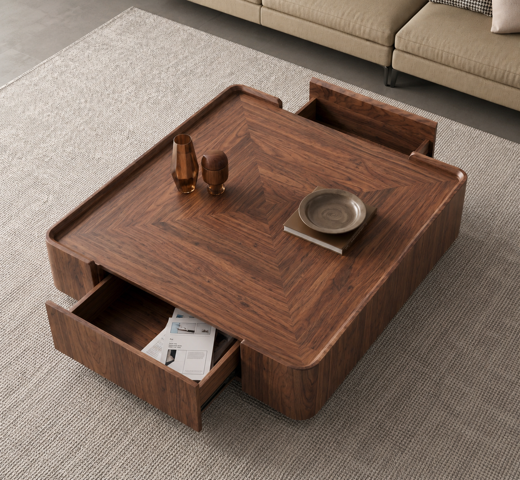 Keepwood walnut storage coffee table styled in a modern living room