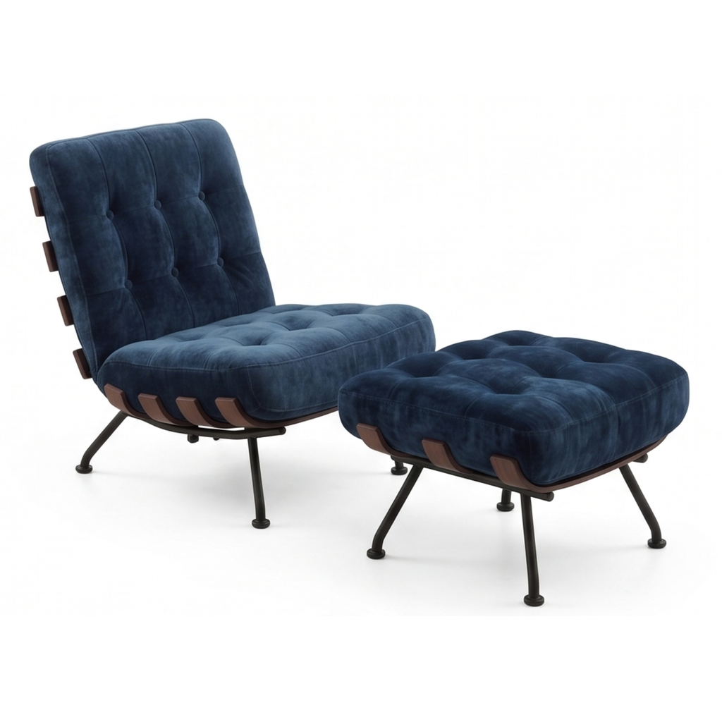 Angled view of the Lounova upholstered lounge chair and matching ottoman