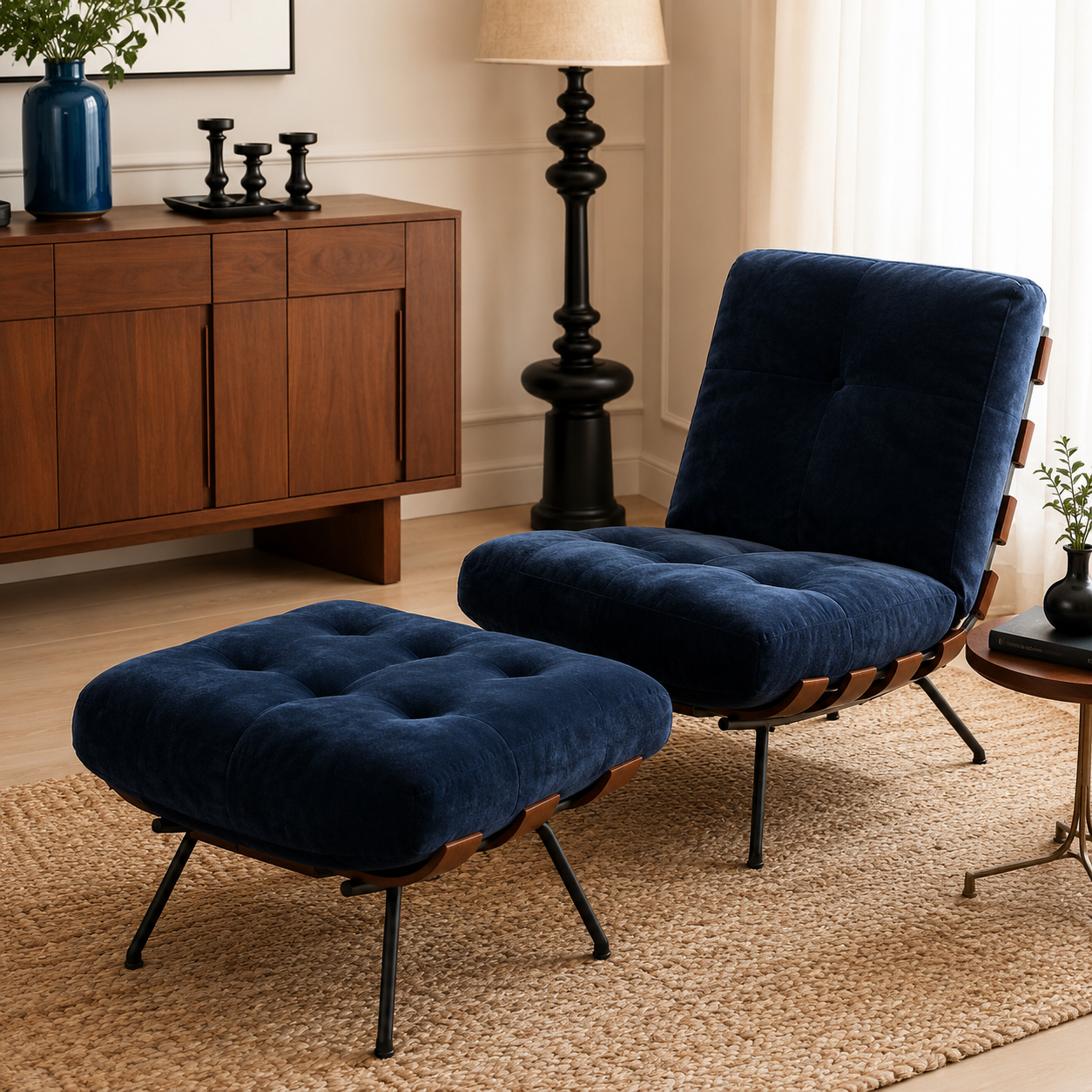 Lounova tufted lounge chair with ottoman styled in a warm modern interior