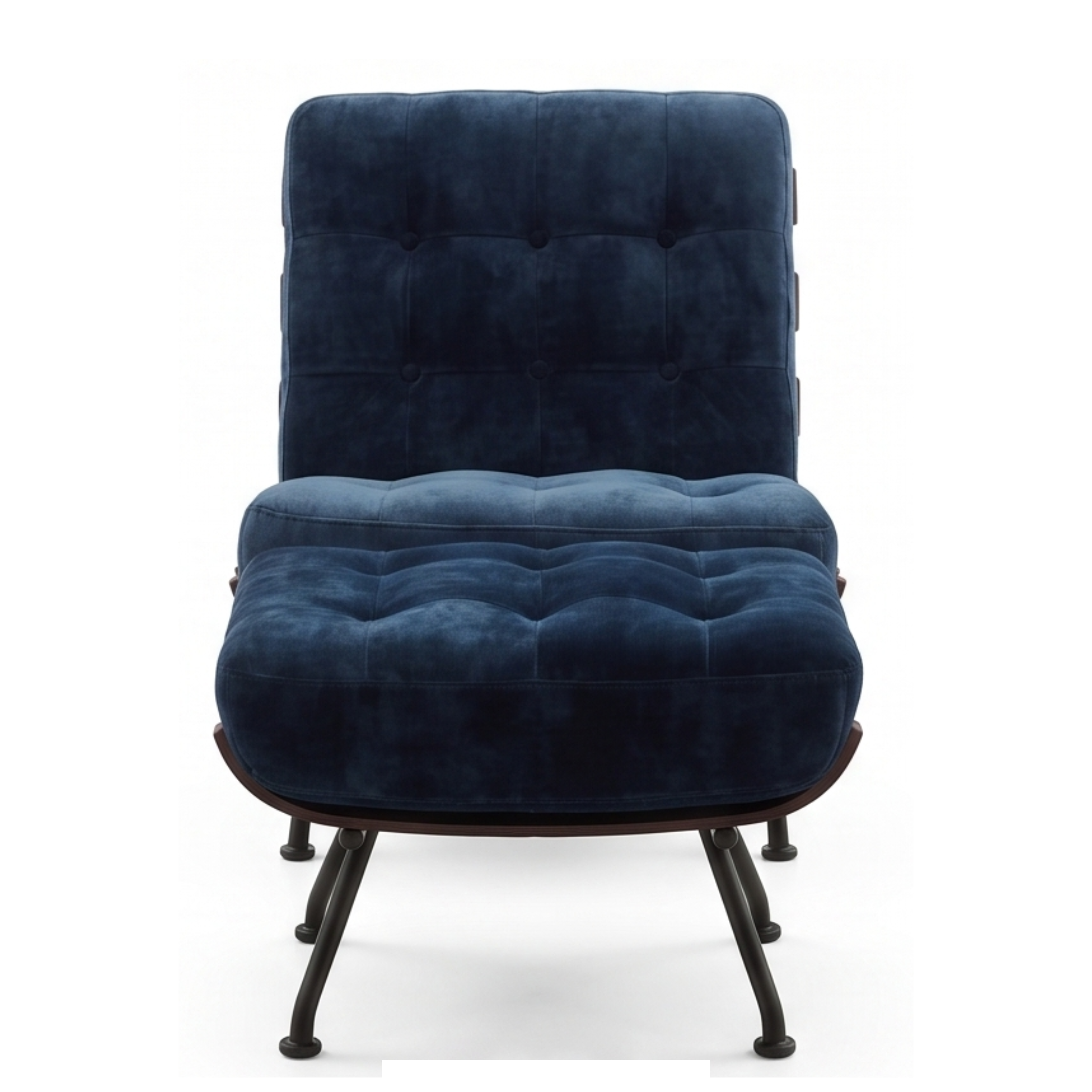 Front view of the Lounova deep-blue tufted lounge chair