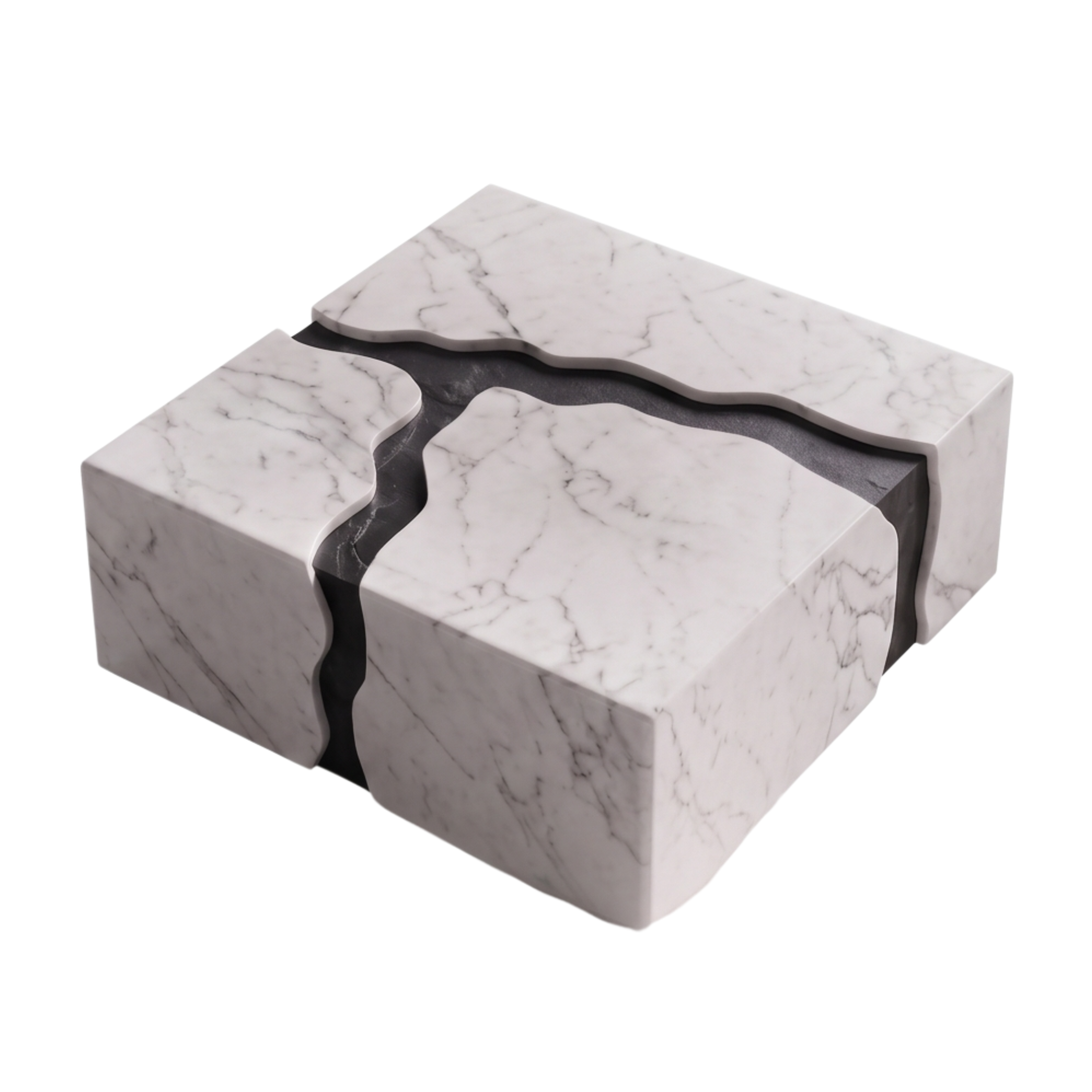 Angled view of the Marblonc marble-effect coffee table with dark organic inlay