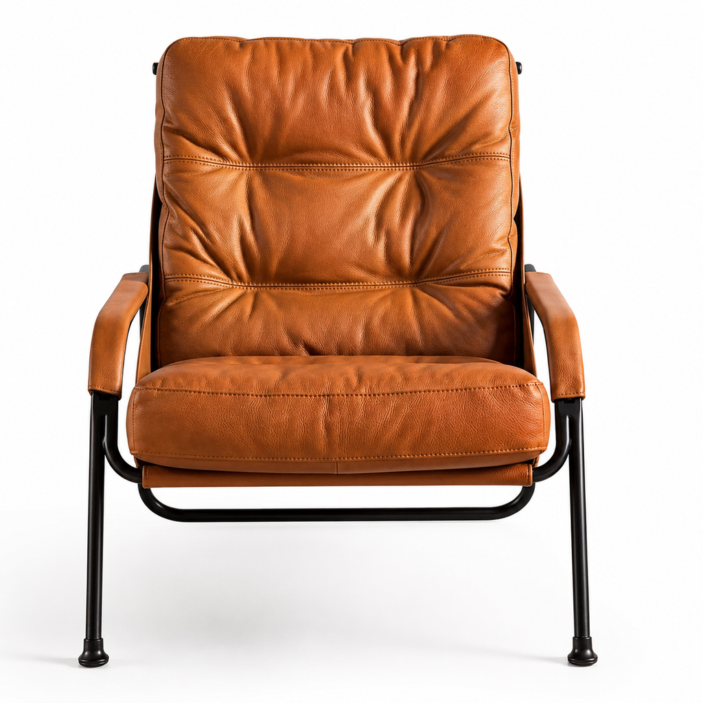 Front view of the Marrakesh padded sling chair with saddle leather arms