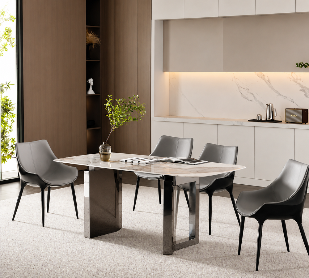 Monumenta double-pedestal dining table styled in a modern luxury dining room