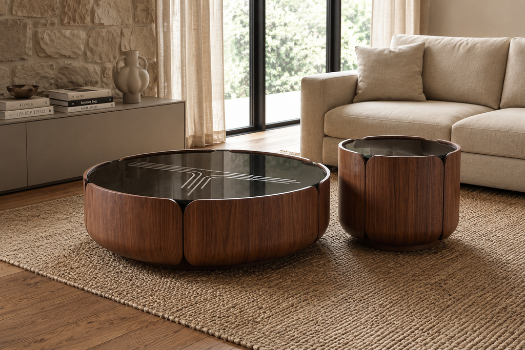 Nestora drum coffee table set styled in a warm modern living room