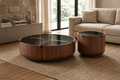 Nestora drum coffee table set styled in a warm modern living room