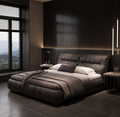 Noctura cocoon upholstered bed styled in a dramatic modern bedroom